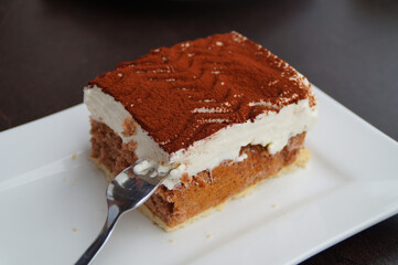 a delicious piece of Italian tiramisu cake on a square plate