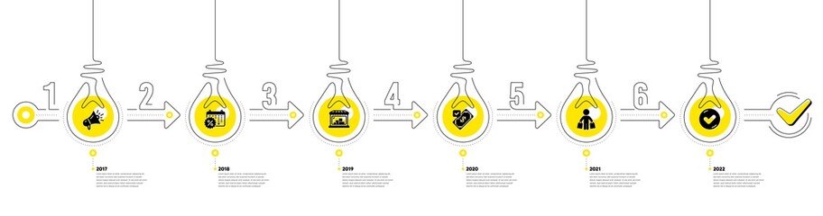 Trade Infographic timeline with 6 steps. Shopping process diagram with Discounts calendar, Shop, Payment and Shopper with purchases icons. Timeline infograph diagram. Vector