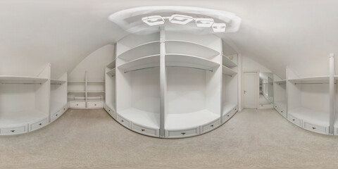 seamless spherical hdri panorama 360 angle view inside white empty big wardrobe room in modern...