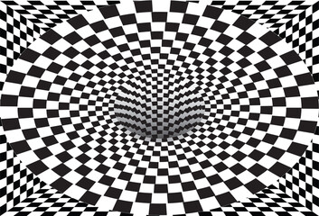 Abstract striped black and white Spiral background. Tunnel with checkered surface