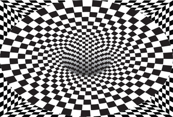 Naklejka premium Abstract striped black and white Spiral background. Tunnel with checkered surface