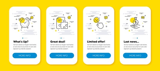 Vector set of Strategy, Alarm clock and Checkbox line icons set. UI phone app screens with line icons. Income money icon. Puzzle, Time, Approved. Savings. Phone UI banners. Strategy line icon. Vector