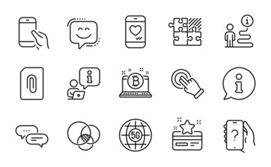 Technology icons set. Included icon as Loyalty card, Bitcoin, 5g internet signs. Ask question, Touchscreen gesture, Dots message symbols. Hold smartphone, Puzzle game, Love chat. Vector