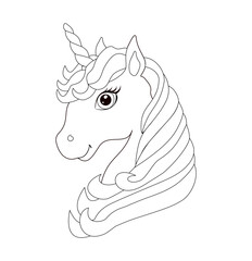 The head of a unicorn with a long mane. Black and white linear drawing. Vector