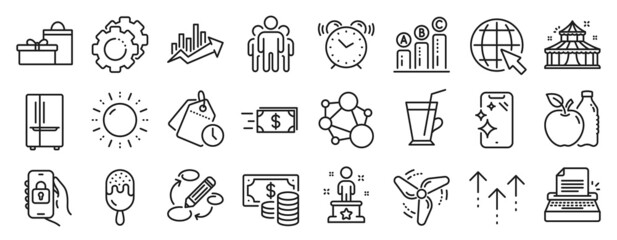 Set of Business icons, such as Locked app, Group, Sun energy icons. Keywords, Apple, Swipe up signs. Time management, Growth chart, Coins banknote. Money transfer, Coffee cup, Circus. Vector