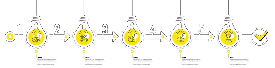 Lightbulb journey path infographics. Gym Infographic timeline with 5 steps. Sport process diagram with Exercise schedule, Dumbbells, Strong muscle arm and Winner cup line icons. Vector