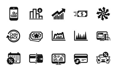 Vector set of Versatile, Online payment and Calendar discounts icons simple set. Cashback, Car leasing and Smartphone statistics icons. Decreasing graph, Change card and Demand curve signs. Vector
