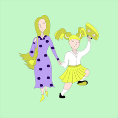 Girl with her Mom goes to school on September 1