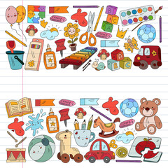 Children play with toys in the kindergarten. Kids playground. Education, creativity, imagination.