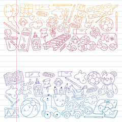 Children play with toys in the kindergarten. Kids playground. Education, creativity, imagination.