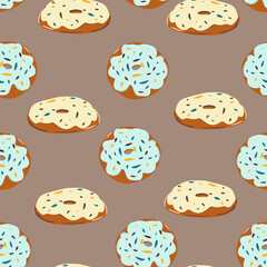 Seamless pattern with chocolates and donuts. Donut with icing and chocolate chips, bakery, chocolate bar, isolated pieces, milk and white chocolate. Cartoon illustration, modern design. Vector, Print