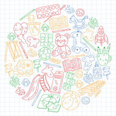 Children play with toys in the kindergarten. Kids playground. Education, creativity, imagination.