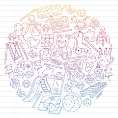 Children play with toys in the kindergarten. Kids playground. Education, creativity, imagination.