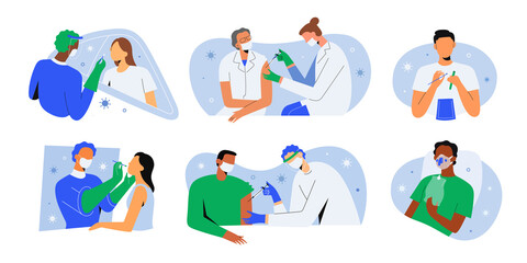 Covid vaccine shot, women and men get vaccinated, tested for coronavirus infection with nasal swab, rapid drive-through PCR test, patient with pneumonia in hospital, vector characters illustration