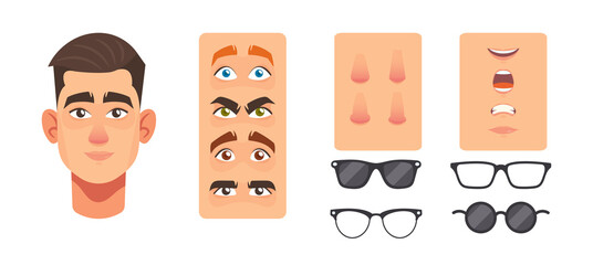 Man Face Constructor Elements, Avatar Creation. Caucasian Male Character Head, Nose, Eyes, Eyebrows and Glasses, Mouth