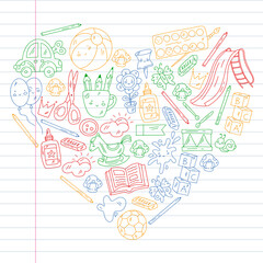 Children play with toys in the kindergarten. Kids playground. Education, creativity, imagination.