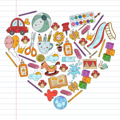 Children play with toys in the kindergarten. Kids playground. Education, creativity, imagination.