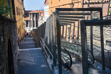 Fototapeta premium Vitoria-Gasteiz, Spain - 21 August, 2021: Urban escalators as public transport in old town Vitoria Gasteiz
