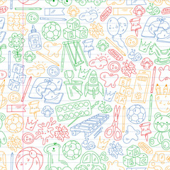 Children play with toys in the kindergarten. Kids playground. Education, creativity, imagination.