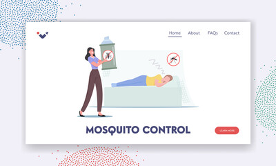 Mosquito Control Landing Page Template. Characters Use Anti Mosquito Protection. Family Couple Fighting with Insects