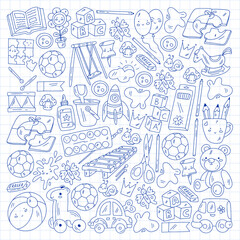 Children play with toys in the kindergarten. Kids playground. Education, creativity, imagination.