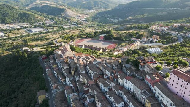 Aerial view of Calitri township on hillside, a colourful town in Irpinia, Avellino, Italy.
