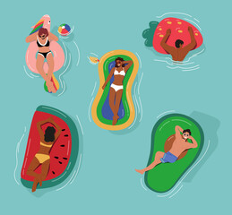 Male and Female Characters Floating on Inflatable Mattresses in Ocean, Sea or Swimming Pool. Diverse People Having Fun