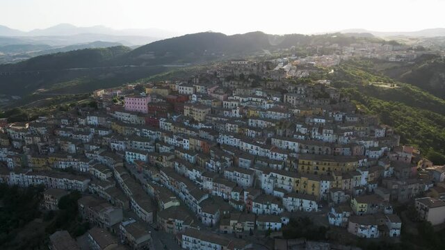Aerial view of Calitri township on hillside, a colourful town in Irpinia, Avellino, Italy.
