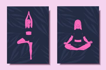 Set of bright posters with women in yoga pose. Vector illustration.