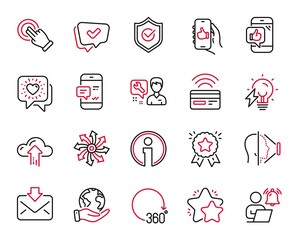 Vector Set of Technology icons related to Face id, Contactless payment and User notification icons. Like app, Friends chat and Touchscreen gesture signs. Save planet, Mobile like and Star. Vector