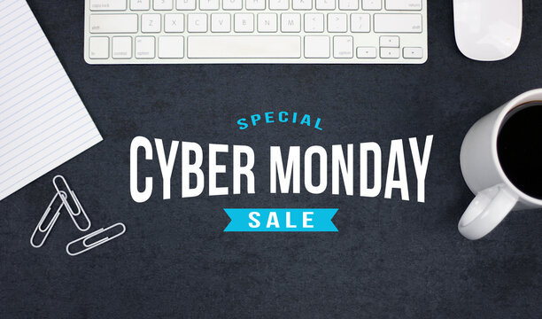 Special Cyber Monday Sale Online Shopping Graphic Design Illustration with Computer Keyboard, Coffee, Paper and Mouse Background