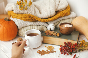 Hand holding cup of tea on background of pumpkin, cozy sweaters, autumn leaves, burning candle and vintage book in room. Hello autumn, cozy slow living. Happy Thanksgiving