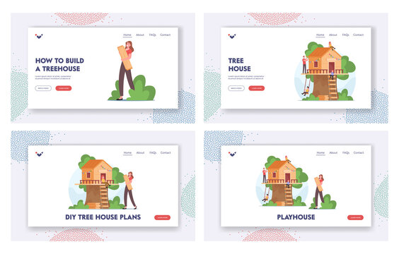 Playhouse Landing Page Template Set. Happy Family Building Treehouse all Together. Mother, Father and Joyful Children