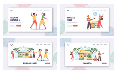 Fototapeta na wymiar Reggae Party Landing Page Template Set. Tiny Rasta Characters in Jamaica Costumes Dance and Playing Guitar or Drum