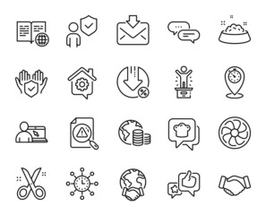 Vector set of Internet book, Loan percent and Timer line icons set. Security, Search document and Fan engine icons. Incoming mail, Winner podium and World time signs. Internet book web symbol. Vector