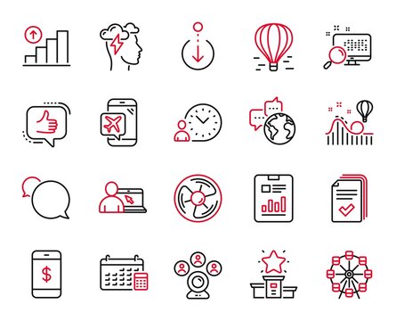 Vector Set of Technology icons related to Handout, Time management and Search icons. World communication, Scroll down and Calendar signs. Winner podium, Like and Air balloon. Messenger. Vector