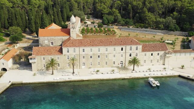 Aerial view of Franciscan monastery on Badija Island near  Korcula, Adriatic Sea, Croatia