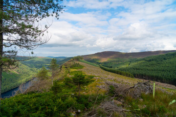 Obraz premium Panoramic idyllic view of Glendalough Valley, County Wicklow Upper lake from miners way, Glenealo valley, Wicklow way, County Wicklow, Ireland.