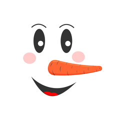 Smiling snowman face with happy emotion. Funny snowman head with carrot nose. Winter holidays character. Vector cartoon illustration.