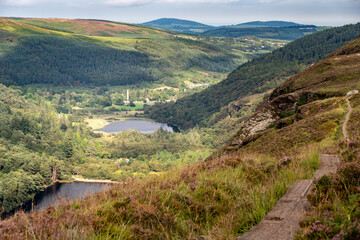 Panoramic idyllic view of Glendalough Valley, County Wicklow Upper lake from miners way, Glenealo valley, Wicklow way, County Wicklow, Ireland.
