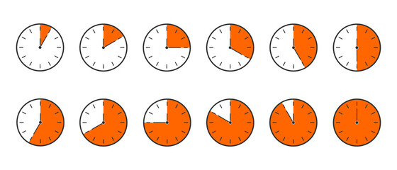 Countdown timer or stopwatch icons set. Clocks with different orange minute time intervals isolated on white background. Infographic for cooking or sport game. Vector flat illustration.