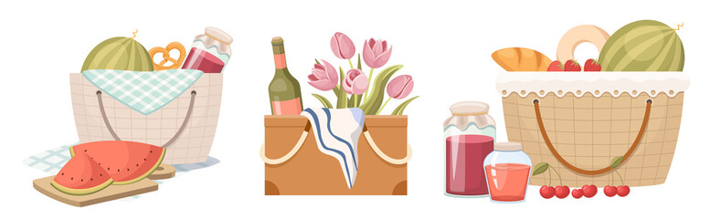 Picnic Baskets of Various Design, Hamper with Food and Drinks for Outdoor Recreation. Summer Leisure Equipment Isolated