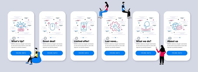 Naklejka premium Technology icons set. UI phone app screens with teamwork. Included icon as Elastic, Customisation, Online voting signs. Swipe up, Mail, World mail line icons. Vector