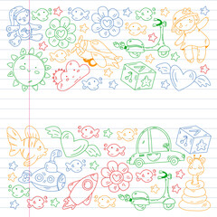 Children play with toys in the kindergarten. Kids playground. Education, creativity, imagination.