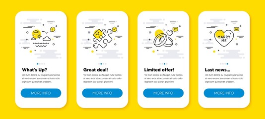 Vector set of Puzzle, Travel sea and Marriage rings line icons set. UI phone app screens with line icons. Marry me icon. Jigsaw, Summer holidays, Engagement. Wedding. Phone UI banners. Vector