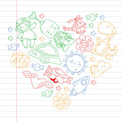 Children play with toys in the kindergarten. Kids playground. Education, creativity, imagination.