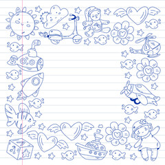 Children play with toys in the kindergarten. Kids playground. Education, creativity, imagination.