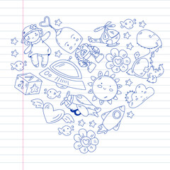 Children play with toys in the kindergarten. Kids playground. Education, creativity, imagination.