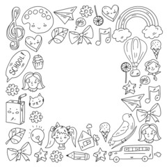 School, kindergarten with cute vector children. Creativity and imagination. Dancing, singing, painting, online education.