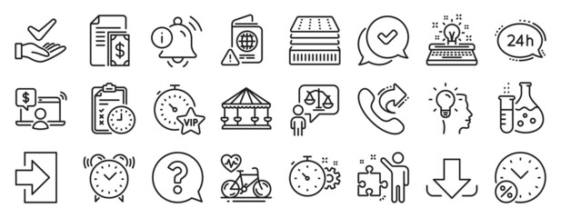 Set of Business icons, such as Download, Strategy, Vip timer icons. Alarm clock, 24h service, Exam time signs. Cogwheel timer, Carousels, Approved. Question mark, Typewriter, Idea. Login. Vector